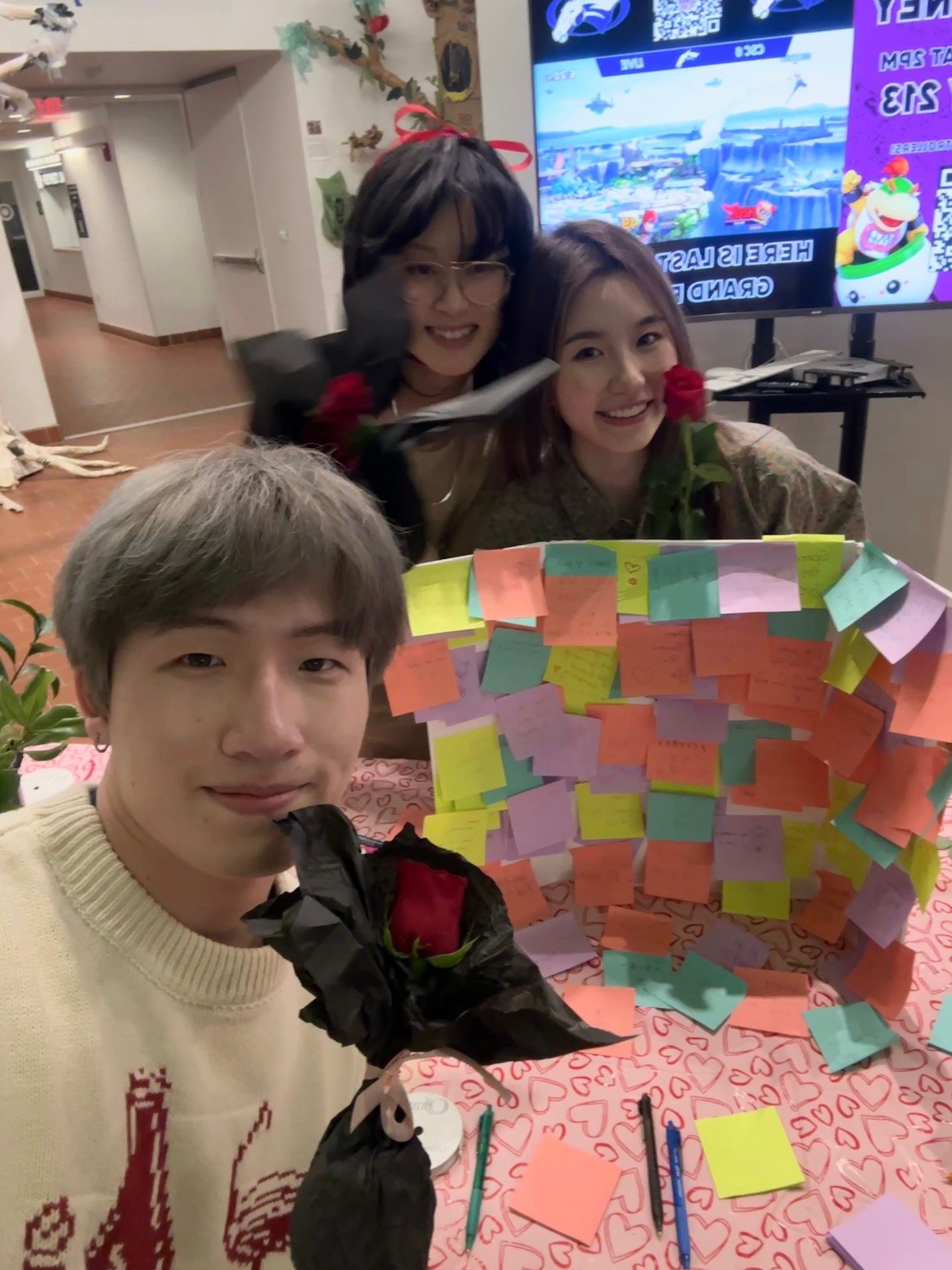 Notes for flowers — Sticky-note wall: trade a love memory, take a rose
