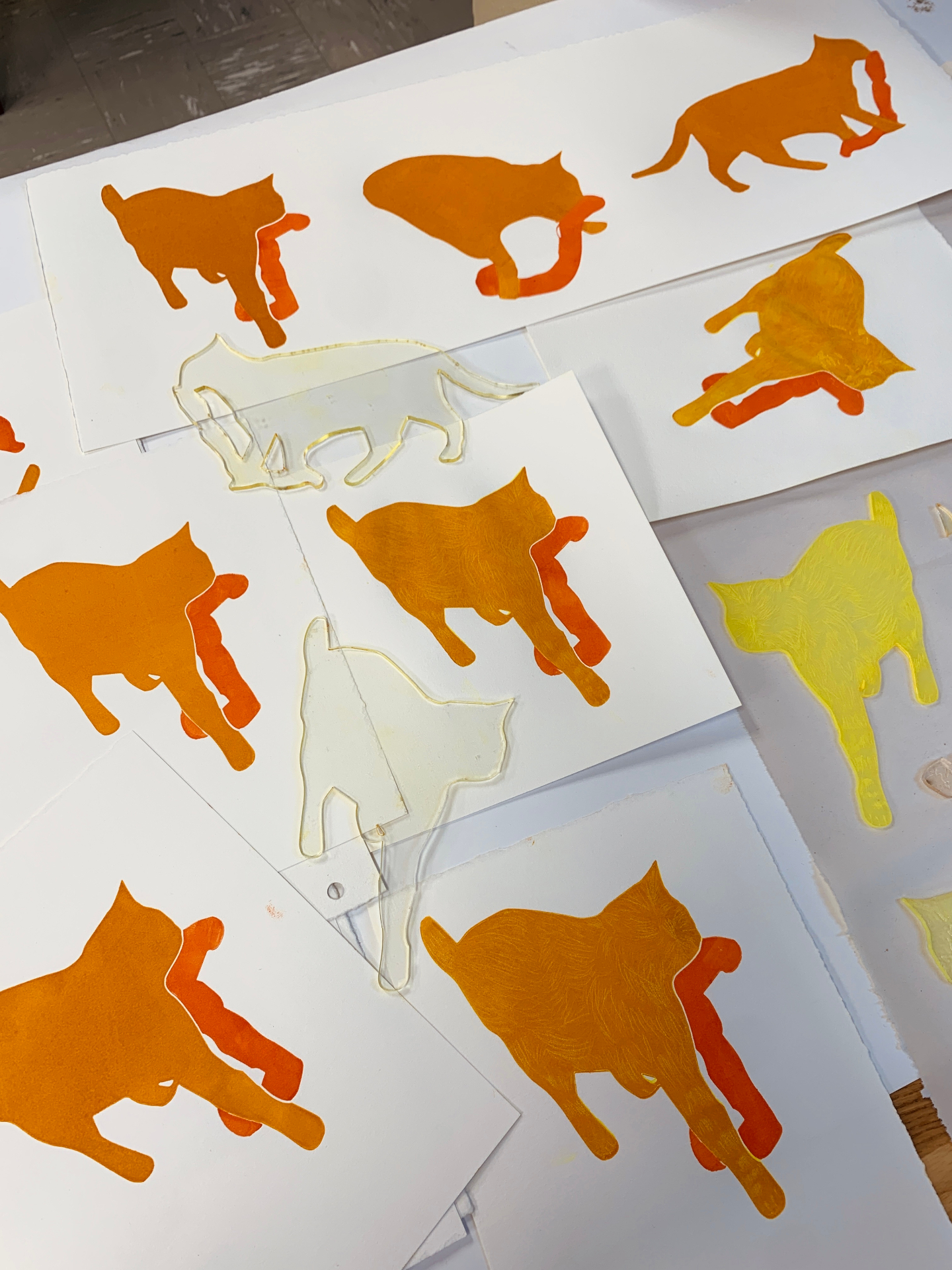Cat silhouettes — Monoprint series, orange + yellow