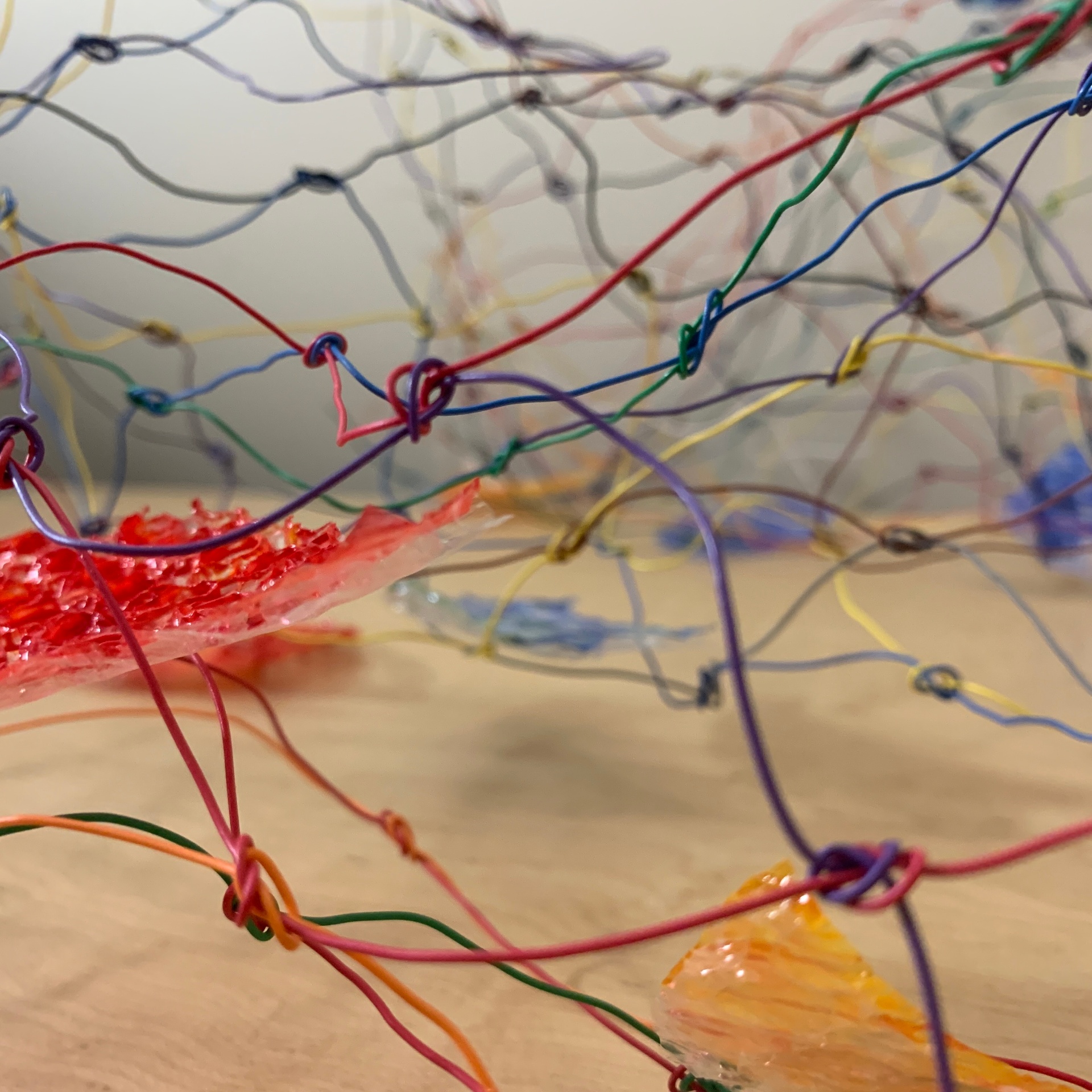 Wire net + red bubble — Painted wire, plastic, found materials