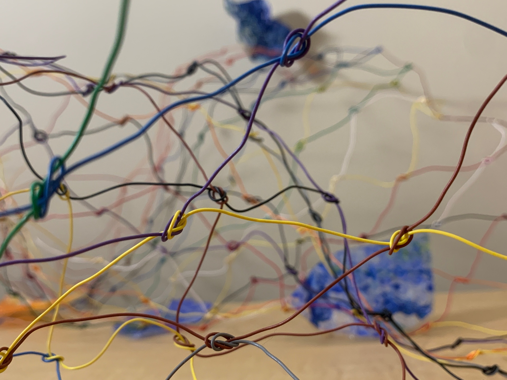 Blue clusters through the mesh — Pigment on plastic, knotted wire grid