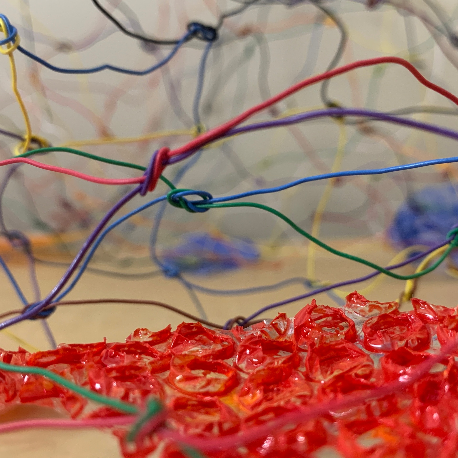 Red field, woven edge — Painted bubble wrap, structural wire